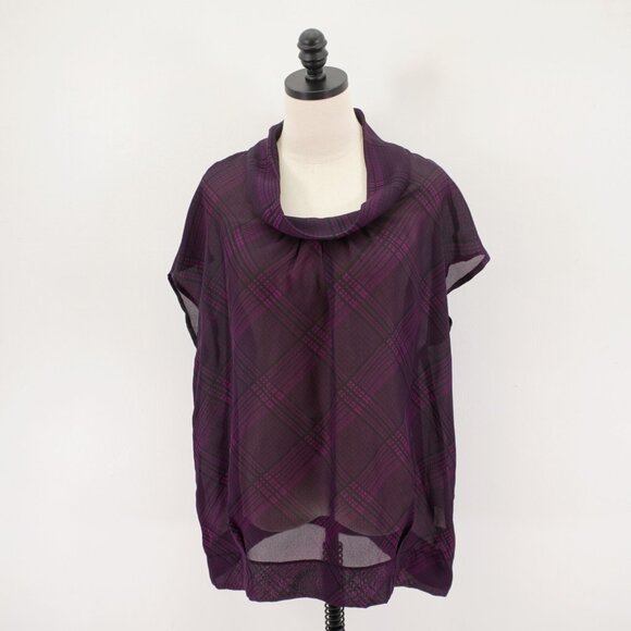 Apostrophe Sheer Purple Plaid Rolled Neck Poncho Blouse Top Sleeveless XL Polyes - Picture 1 of 8
